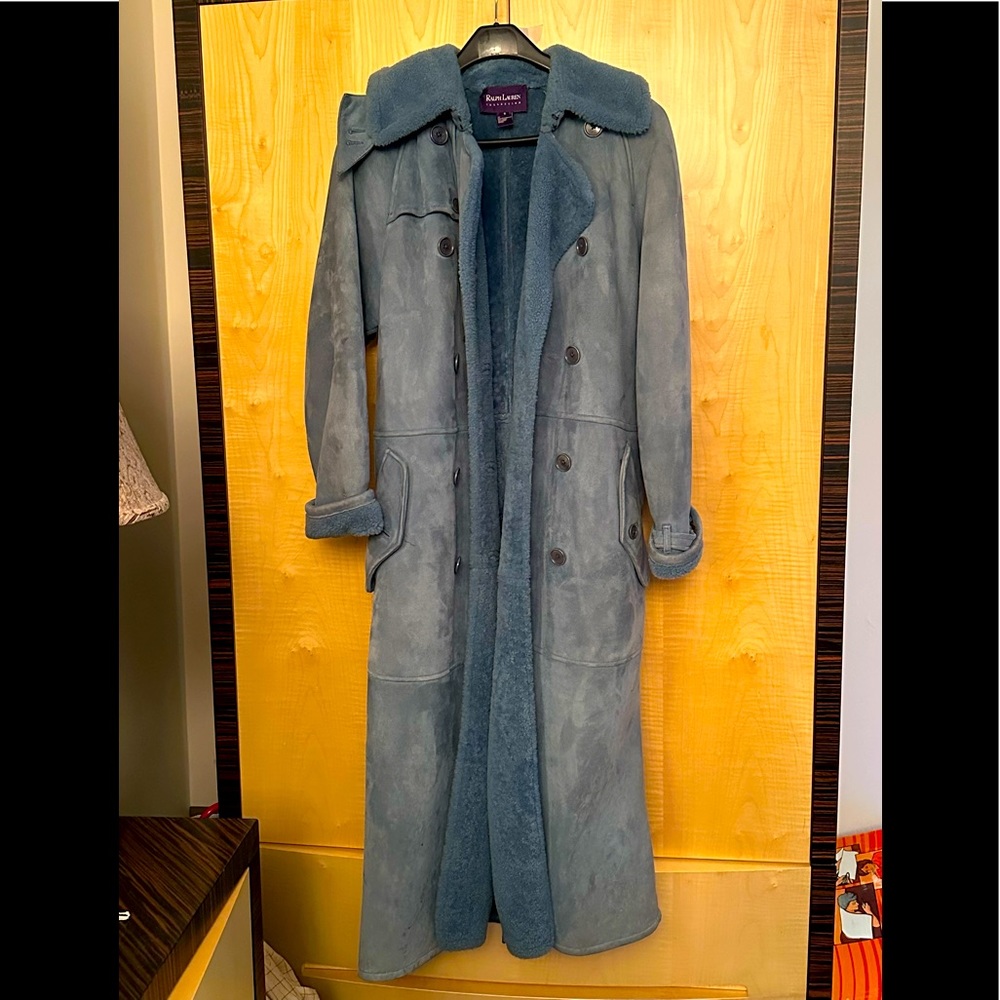 SOLD Ralph Lauren Collection steel blue Shearling coat, Size 8